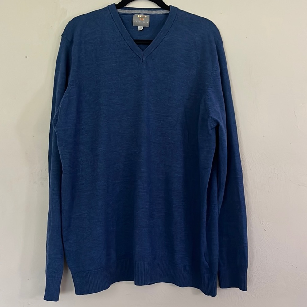 Thomas Dean Men Large 2xl V-Neck Sweater Blue 100% Extra Fine Merino Wool sz xxl